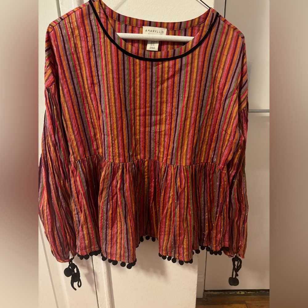 Anthropologie Amaryllis multicolor striped peasant top with black pom pom trim!